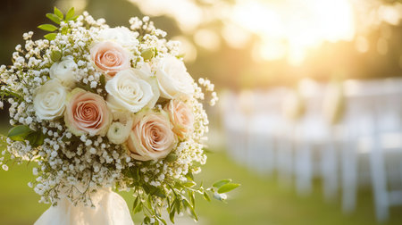 A beautiful bridal bouquet filled with roses and lilies is placed near a wedding aisle, gently illuminated by the soft sunlight.の素材