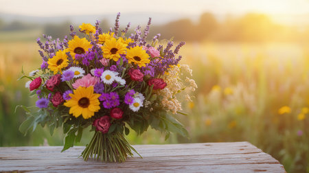 A colorful arrangement of wildflowers showcases daisies, sunflowers, and lavender, beautifully set on a rustic table during sunset.の素材
