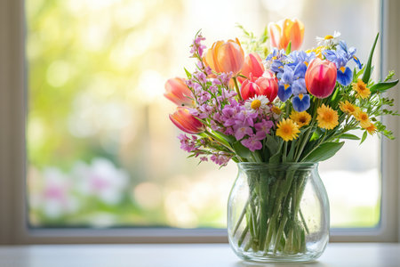 Brightly colored tulips, irises, and daisies fill a glass jar, illuminated by streams of sunlight filtering through the window.の素材