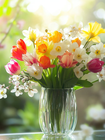A lush bouquet showcases colorful tulips, cheerful daffodils, and delicate cherry blossoms, brightening the sunny spring atmosphere.の素材
