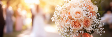 A lovely bouquet of roses and lilies is held high, set against a blurred background of a vibrant outdoor wedding ceremony.の素材