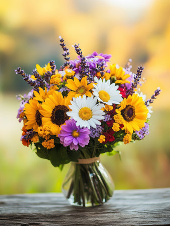 A beautiful arrangement of wildflowers showcases bright daisies, cheerful sunflowers, and fragrant lavender in a rustic vase.の素材