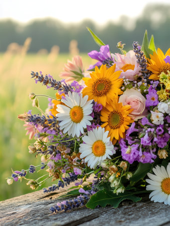 A vibrant assortment of wildflowers featuring sunflowers, daisies, and lavender elegantly arranged on a weathered table in a meadow.の素材