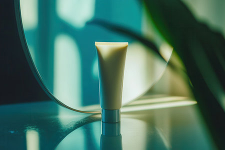 A tube of cream stands alone on a table, reflecting elegantly in a mirror surrounded by soft, natural light and shadows.の素材