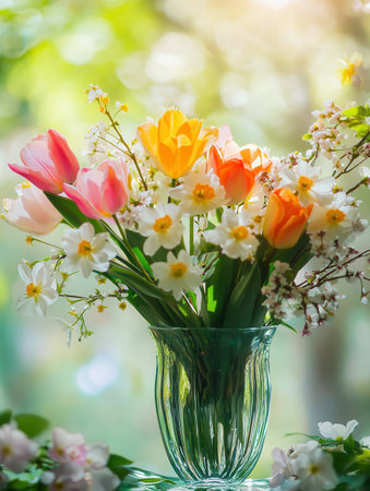 A stunning arrangement of tulips, daffodils, and cherry blossoms brightens the room, showing the joy of spring with colorful blooms.の素材