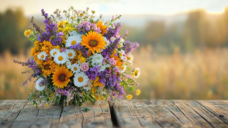 A cheerful bouquet filled with vibrant wildflowers including daisies, sunflowers, and lavender sits beautifully on a rustic wooden surface.の素材