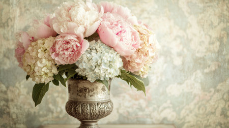 A beautifully arranged bouquet of peonies and hydrangeas in soft colors sits elegantly in an antique vase, enhancing the vintage charm.の素材