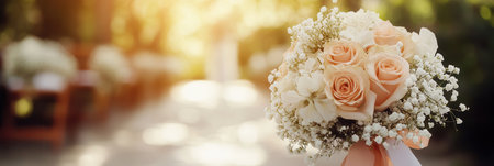 A bridal bouquet filled with pink roses and lilies stands out, set against a softly blurred wedding aisle in an outdoor setting.の素材