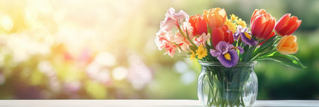 Colorful tulips, irises, and daisies are beautifully displayed in a clear glass jar, glowing in warm sunlight from the side.の素材