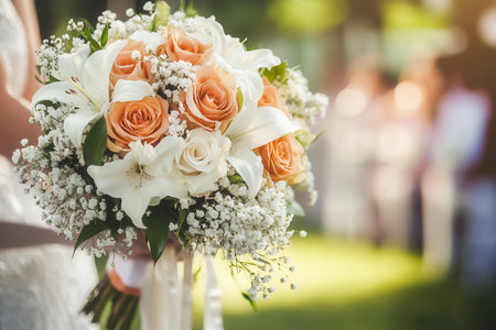 A beautiful bouquet featuring roses and lilies is held against a softly blurred outdoor wedding aisle enhancing the romantic atmosphere.の素材