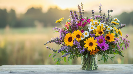 A vibrant arrangement of wildflowers, including sunflowers and lavender, captures the warmth of a summer evening in a rustic setting.の素材