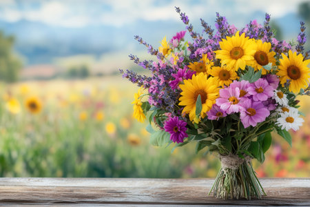 A beautiful rustic bouquet showcases a mix of wildflowers including sunflowers, daisies, and lavender against a lush spring background.の素材