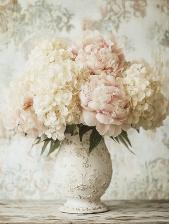 A vintage-inspired bouquet features peonies and hydrangeas in soft hues, elegantly displayed in an antique vase against a textured backdrop.の素材