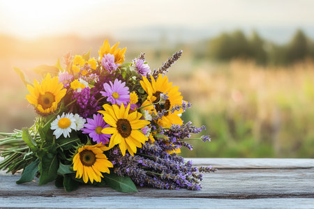This bouquet showcases a colorful arrangement of wildflowers, including sunflowers, daisies, and lavender, in a rustic style.の素材