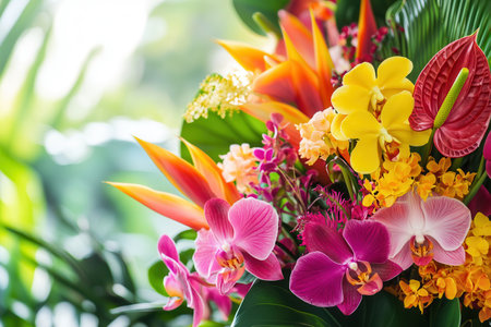 A beautiful display of tropical flowers brings color to any setting with orchids, birds of paradise, and anthuriums creating a lively atmosphere.の素材