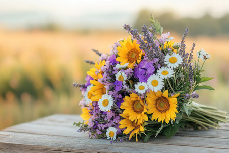 A lush bouquet filled with wildflowers, including cheerful sunflowers and fragrant lavender, captures the essence of summer outdoors.の素材