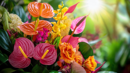 A beautifully arranged bouquet showcases bold tropical flowers like orchids, anthuriums, and birds of paradise, radiating color and vibrancy.の素材