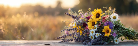 A stunning arrangement of wildflowers, including daisies, sunflowers, and lavender, captures the warmth of a sunny afternoon in a meadow.の素材