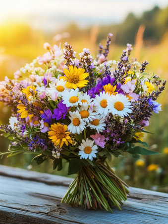 A charming bouquet of wildflowers bursts with colors, showcasing daisies, sunflowers, and lavender in a rustic arrangement.の素材