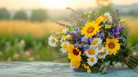 This charming bouquet showcases vibrant wildflowers like sunflowers and daisies, elegantly displayed on a rustic table outdoors.の素材