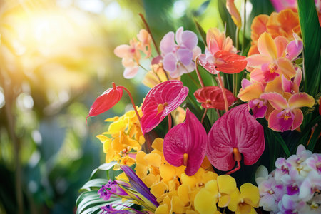 The arrangement showcases a stunning mix of tropical flowers, including vibrant orchids and anthuriums, creating a bold display.の素材