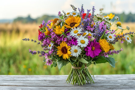 This vibrant bouquet diverse features wildflowers, highlighting sunflowers, daisies, and lavender in a beautifully rustic arrangement.の素材