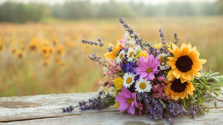 A rustic bouquet features a mix of vibrant wildflowers, including daisies, sunflowers, and lavender, resting on a wooden table.の素材