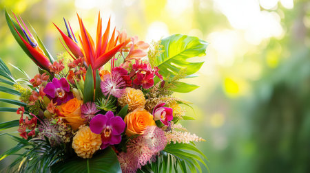 The arrangement showcases a stunning mix of tropical flowers, creating a lively and eye-catching display perfect for any occasion.の素材