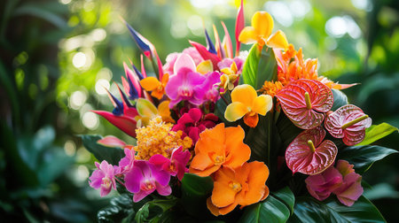 Bright tropical flowers, including orchids and birds of paradise, create a stunning display in a lush garden setting.の素材
