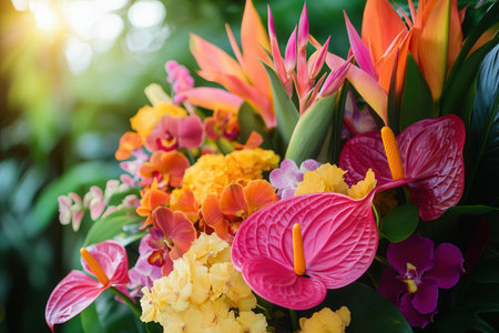 A colorful bouquet filled with tropical flowers such as orchids, birds of paradise, and anthuriums, illuminated by warm sunlight.の素材