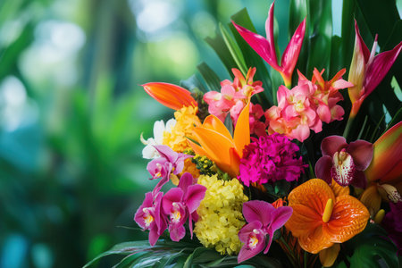 This bold arrangement showcases a colorful mix of tropical flowers, creating a stunning display in a garden full of greenery.の素材