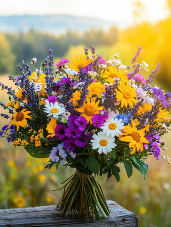 A colorful bouquet featuring wildflowers like daisies, sunflowers, and lavender is beautifully arranged in a rustic style during sunset.の素材