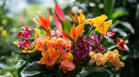 A bold and colorful arrangement of tropical flowers includes orchids, birds of paradise, and anthuriums showing natural beauty.の素材