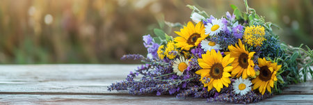 This rustic bouquet features colorful wildflowers such as sunny daisies, bright sunflowers, and fragrant lavender, perfectly arranged.の素材