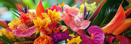 A bold display of tropical flowers including orchids, birds of paradise, and anthuriums, showing vibrant colors and exotic beauty.の素材