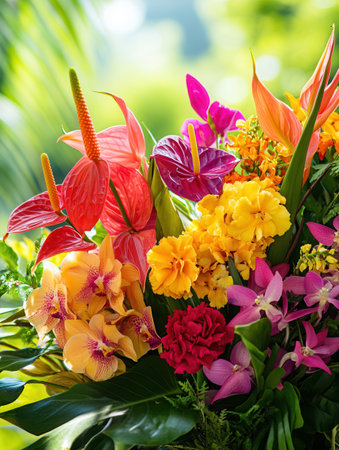A stunning bouquet filled with tropical flowers like orchids and anthuriums brings a burst of color to the lush garden atmosphere.の素材