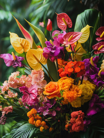 A bold arrangement showcases a variety of tropical flowers in vibrant colors, bringing a lively atmosphere to the garden.の素材