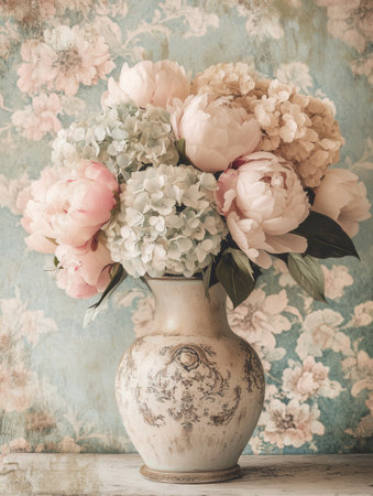 A delightful bouquet featuring peonies and hydrangeas in muted tones, elegantly set in an antique vase against a floral backdrop.の素材