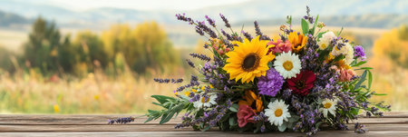 This vibrant bouquet features daisies, sunflowers, and lavender, arranged naturally amidst a picturesque countryside view.の素材