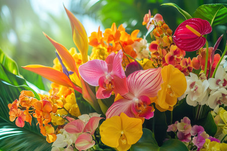 Tropical flowers including bright orchids and birds of paradise create a lively and colorful floral arrangement.の素材