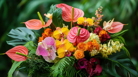 This vibrant bouquet showcases orchids, birds of paradise, and anthuriums, creating an eye-catching display in lush greenery.の素材