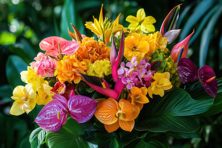 Brightly colored tropical flowers such as orchids, birds of paradise, and anthuriums are arranged beautifully in a lush environment.の素材