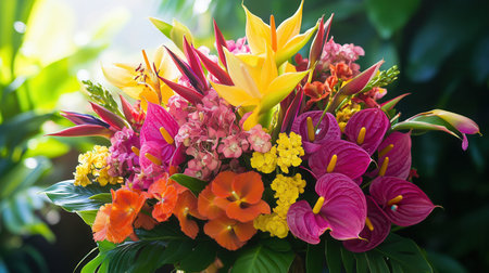 This bouquet showcases an array of tropical flowers including orchids, birds of paradise, and anthuriums, creating a vibrant display.の素材