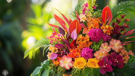 Experience a bold and colorful display of tropical flowers, featuring an array of orchids, birds of paradise, and anthuriums.の素材
