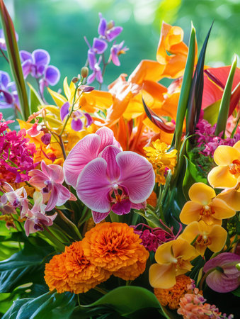 This stunning arrangement showcases a variety of tropical flowers, including orchids, birds of paradise, and anthuriums in vibrant colors.の素材