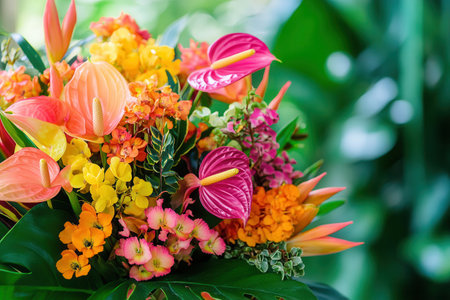 A stunning arrangement of tropical flowers showcases bright orchids, birds of paradise, and anthuriums, enhancing a lively atmosphere.の素材