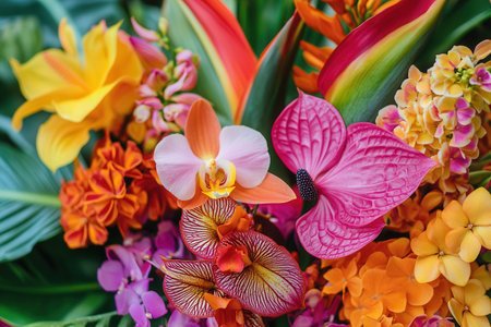 A stunning arrangement of tropical flowers, showing colorful orchids, birds of paradise, and anthuriums in full bloom.の素材
