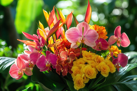 This captivating bouquet features tropical flowers including orchids and birds of paradise, arranged beautifully in bright colors.の素材
