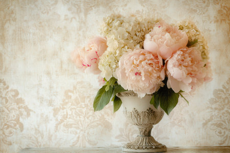 Delicate peonies and hydrangeas in muted hues fill an ornate vase, creating a timeless floral arrangement with vintage charm.の素材