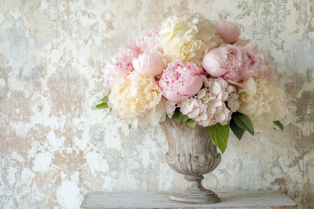 The arrangement features a charming mix of peonies and hydrangeas in muted hues, elegantly displayed in an antique vase.の素材